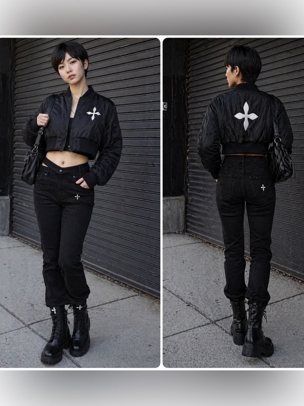 New! Compass Badge Baseball Cropped Bomber Black Jacket 🖤 Small